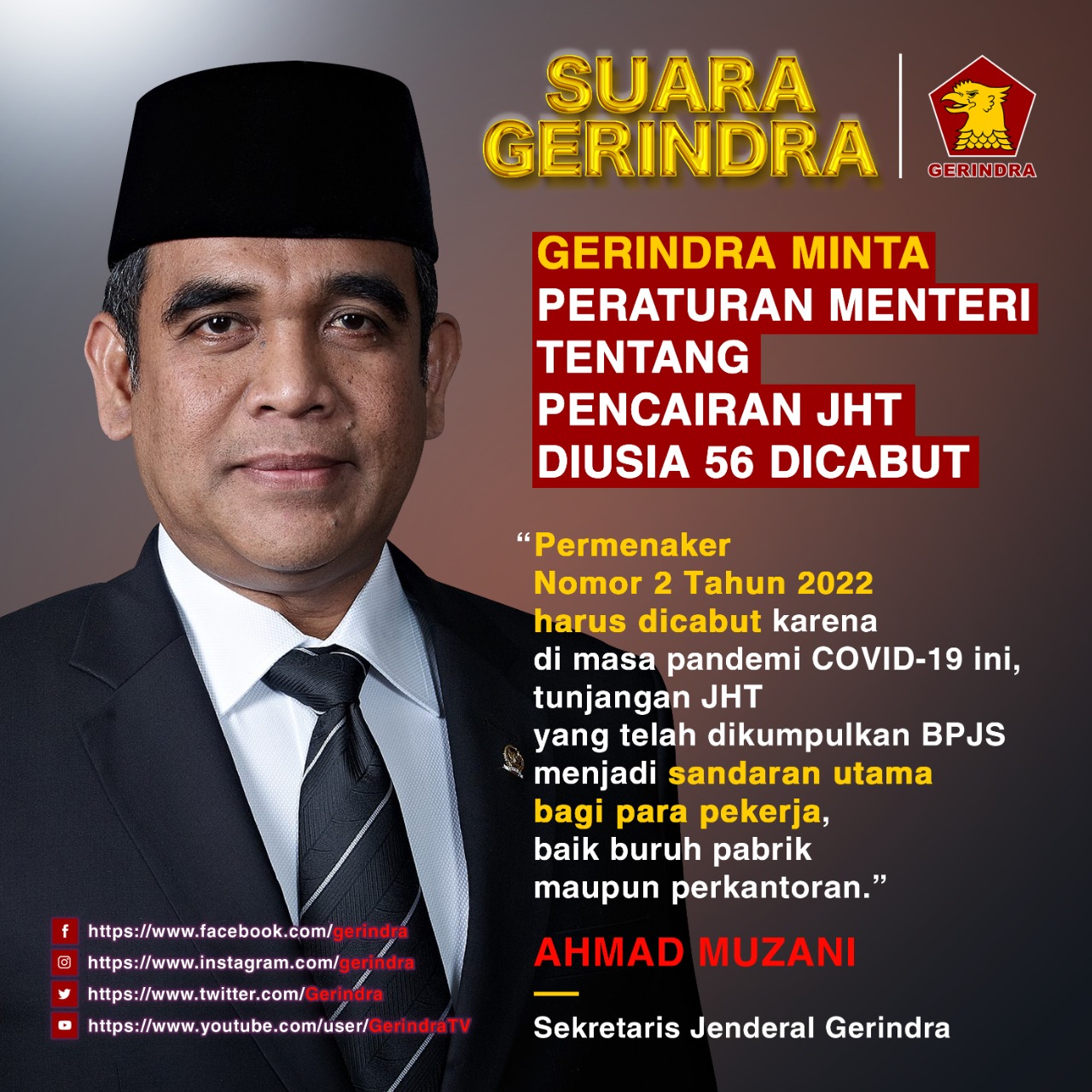 Gerindra Minta Peraturan Menteri Tentang Pencairan JHT di Usia 56 Dicabut
