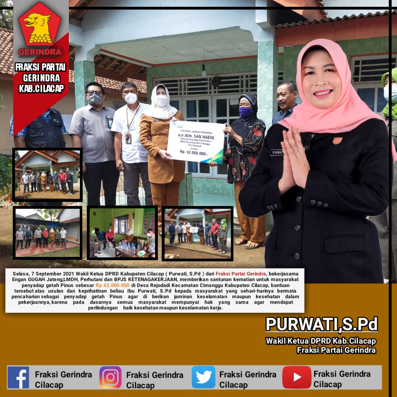 Serahkan Santunan Kematian Penyadap Getah Pinus, Purwati: Pada Dasarnya Semua Masyarakat Mempunyai Hak yang Sama Agar Mendapat Perlindungan